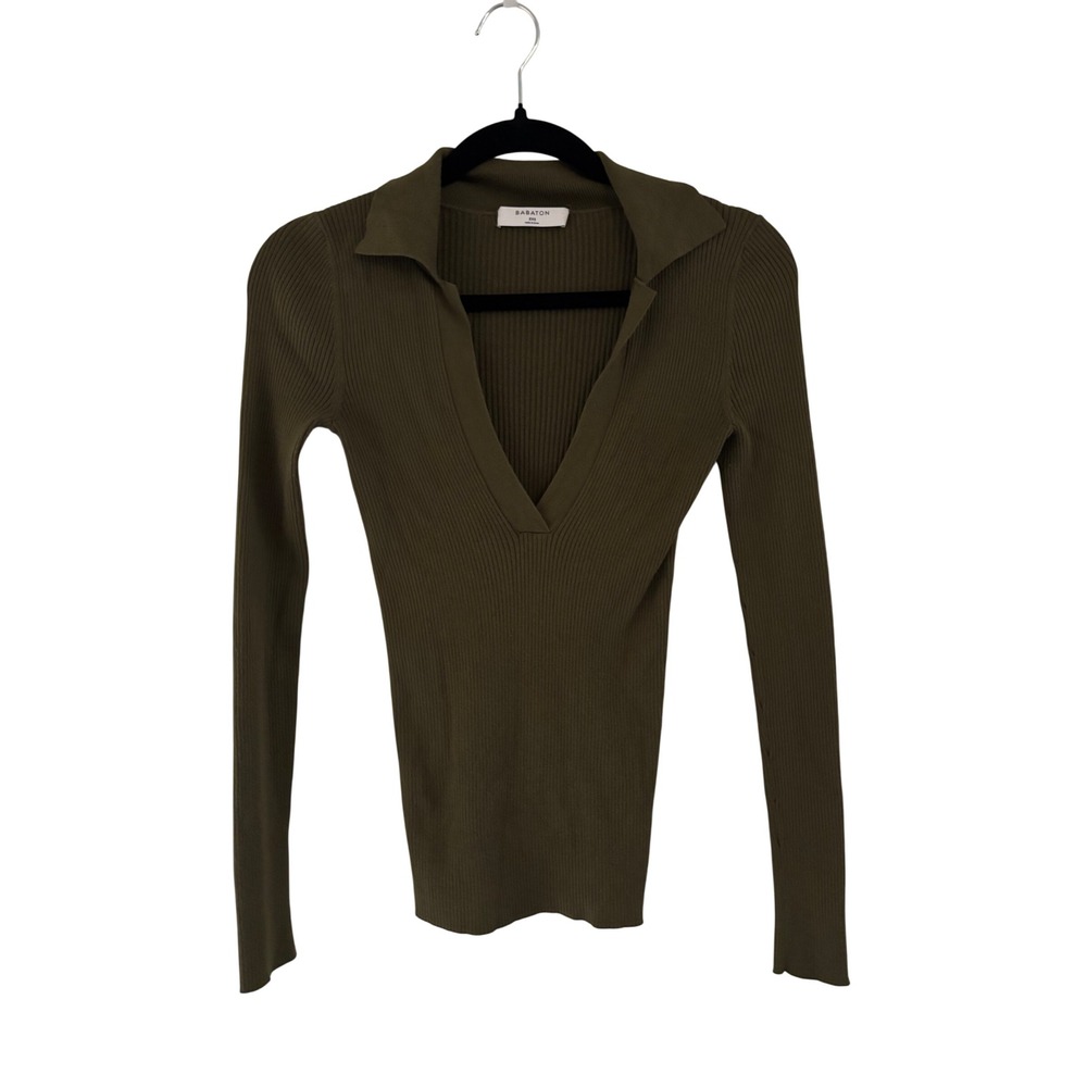 Babaton Aritzia Olive Green Ribbed V-Neck Polo Sweater 2XS 101505